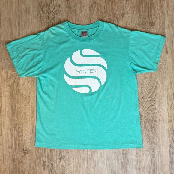 Oneita Graphic T-Shirt Syntex Logo Green XL USA Made Single Stitch 50/50 Blend - Picture 1 of 7